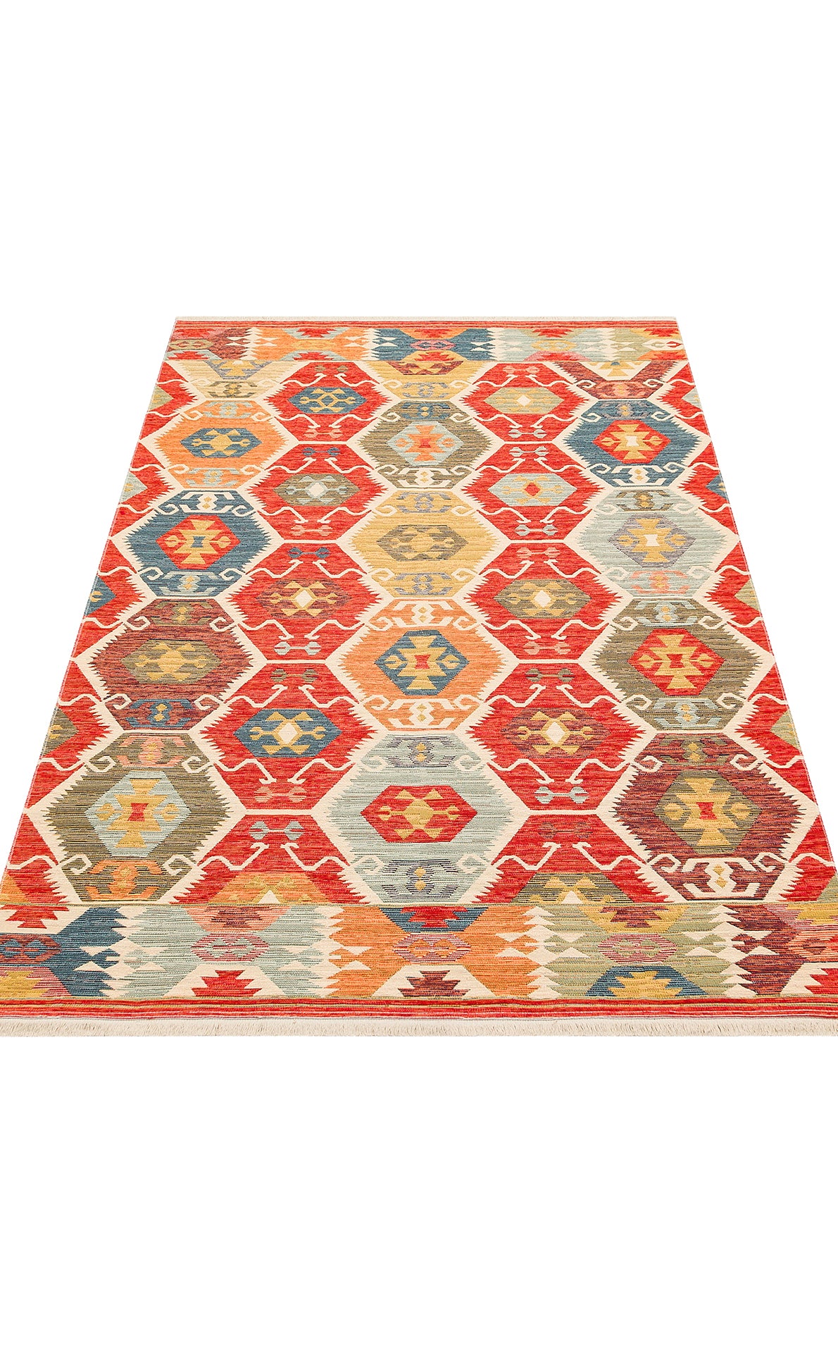 Lerva Kırmızı Etnik Çok Renkli Geometrik Kilim – kenar detayı