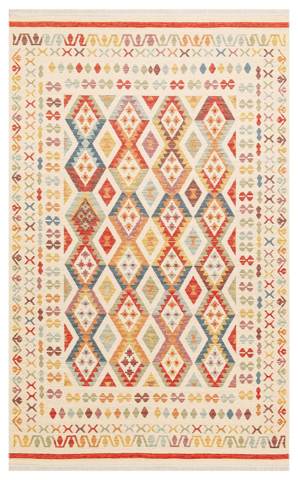 Lerva Kırmızı Bej Etnik Geometrik Desenli Yıkanabilir Kilim