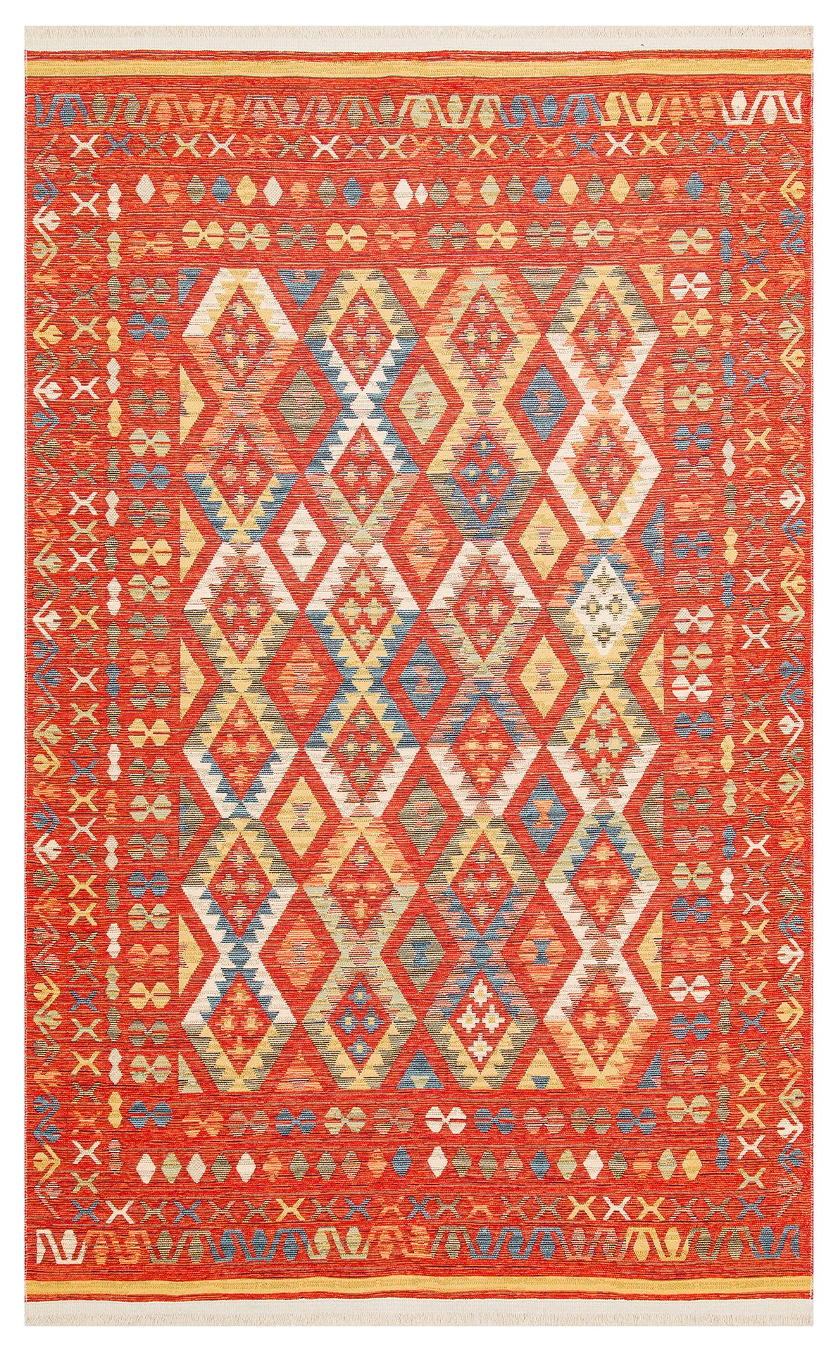 Lerva Kırmızı Bej Etnik Geometrik Desenli Yıkanabilir Kilim – genel görünüm
