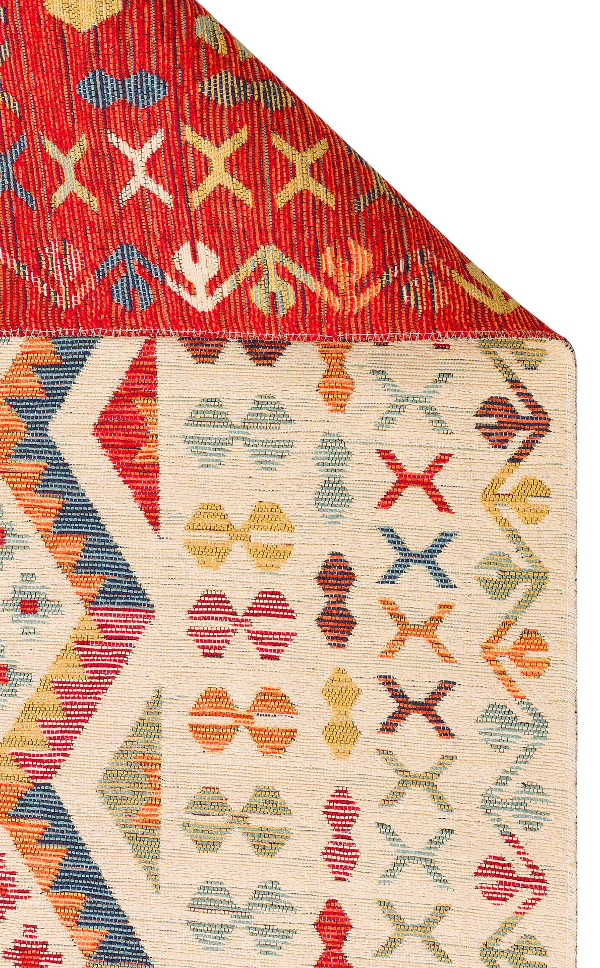 Lerva Kırmızı Bej Etnik Geometrik Desenli Yıkanabilir Kilim – doku yakın çekim