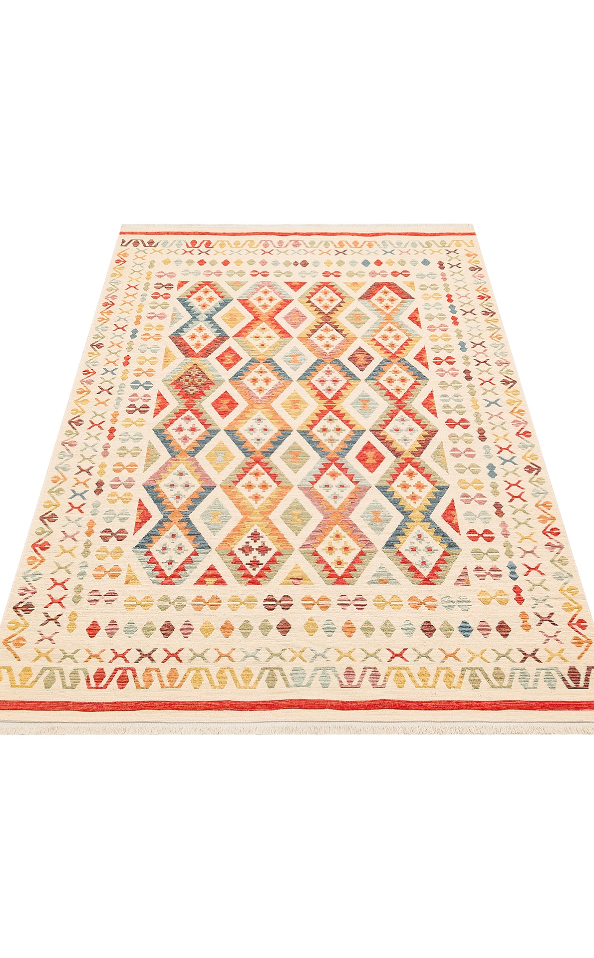 Lerva Kırmızı Bej Etnik Geometrik Desenli Yıkanabilir Kilim – kenar detayı