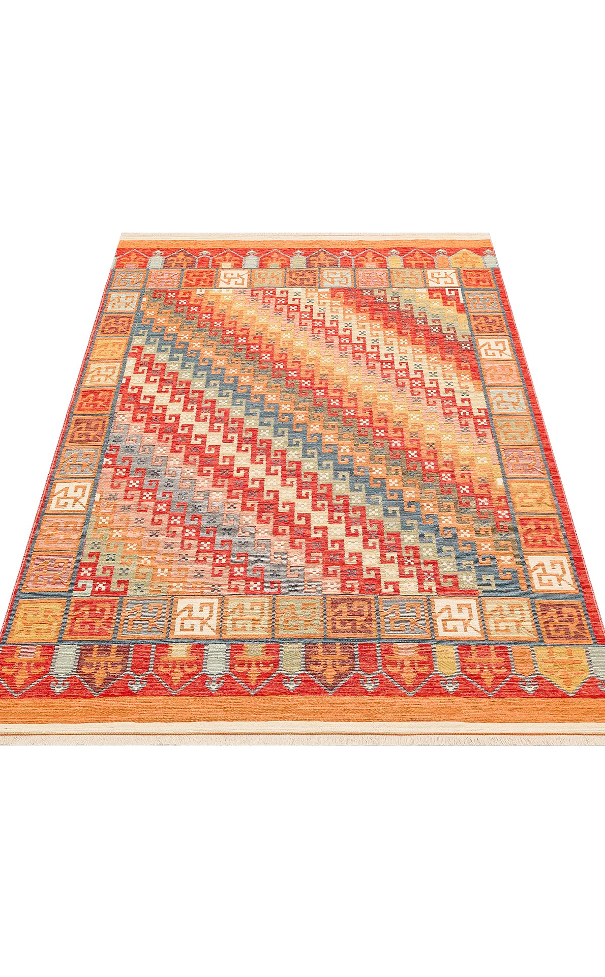 Lerva Çok Renkli Geometrik Desenli Etnik Kilim – kenar detayı