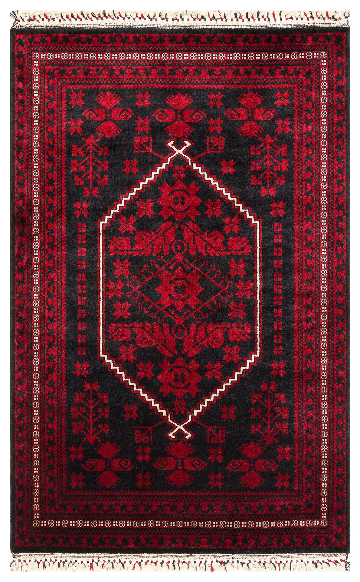 Zamar Siyah Kırmızı Etnik Geometrik Özel Tezgah Halısı