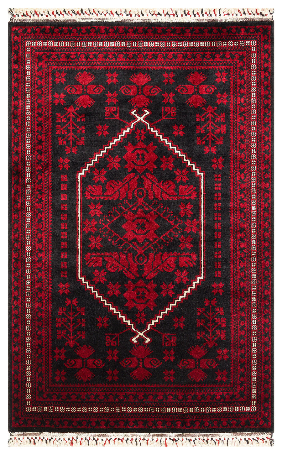 Zamar Siyah Kırmızı Etnik Geometrik Özel Tezgah Halısı