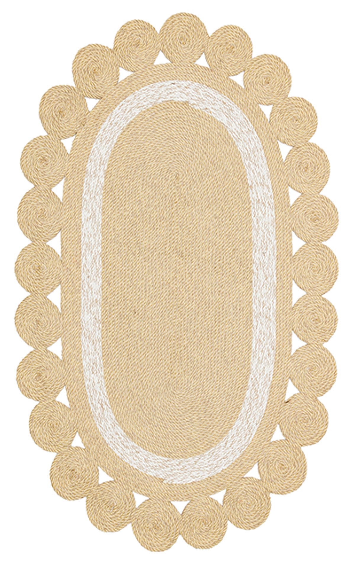 Orvena Naturel Krem Yuvarlak Halkalı Kenarlı Oval Jüt Halı