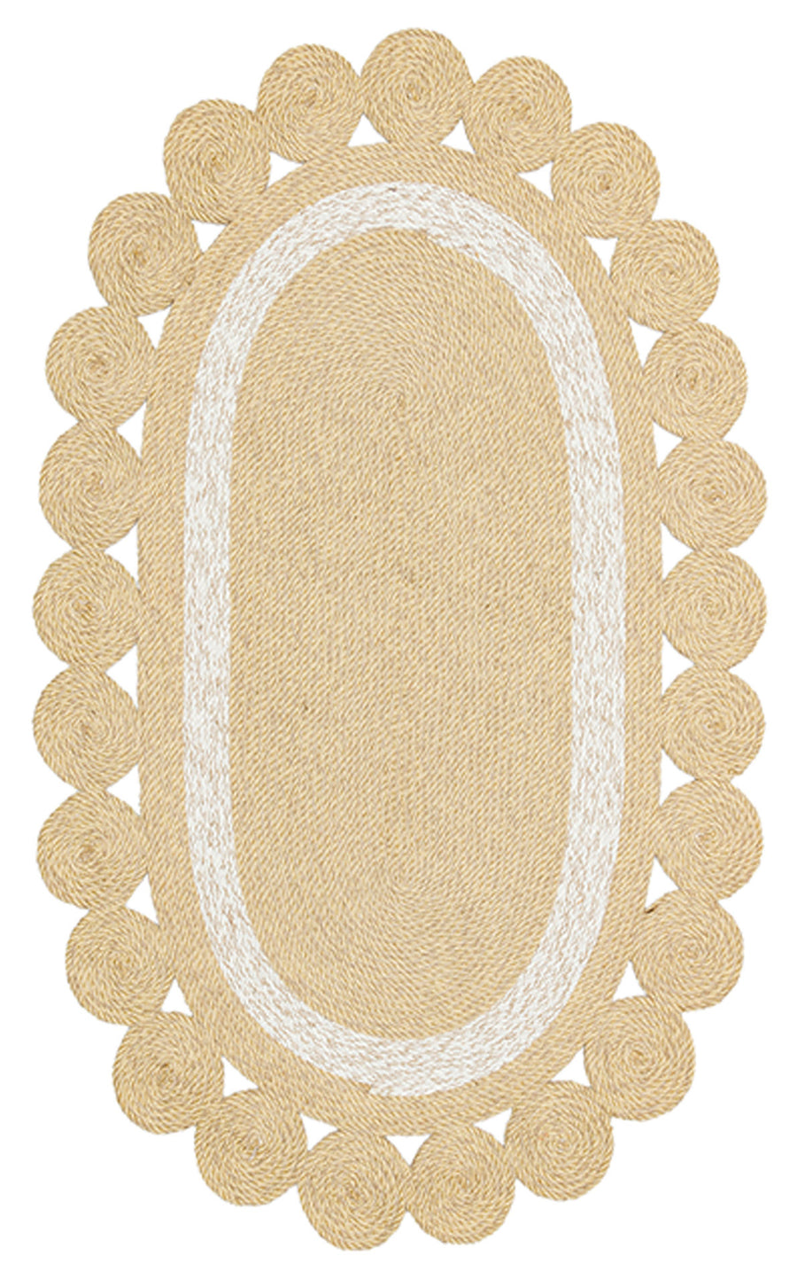 Orvena Naturel Krem Yuvarlak Halkalı Kenarlı Oval Jüt Halı