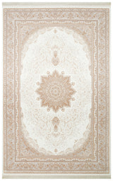 Zomra White Beige Classic Medallion Pattern Acrylic Viscose Rug