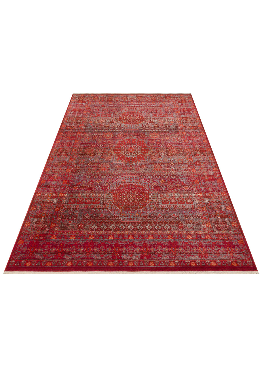 Ruvio Kırmızı Gri Geometrik Desenli Klasik Polyester Halı – kenar detayı