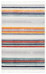Tapis Rimvi à fond blanc, à rayures colorées et à franges