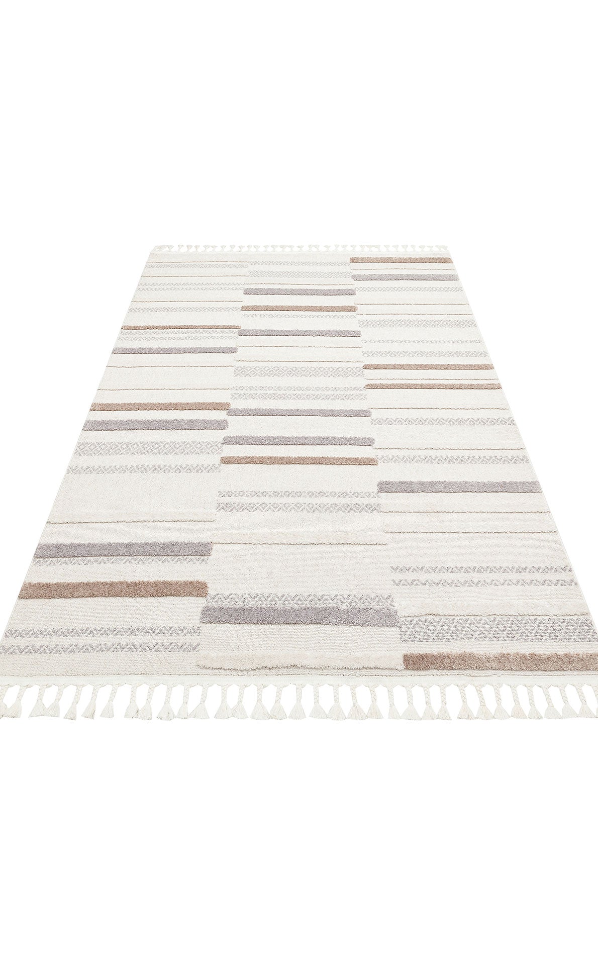 Rimvi Beyaz Gri Geometrik Desenli Modern Polyester Halı – kenar detayı