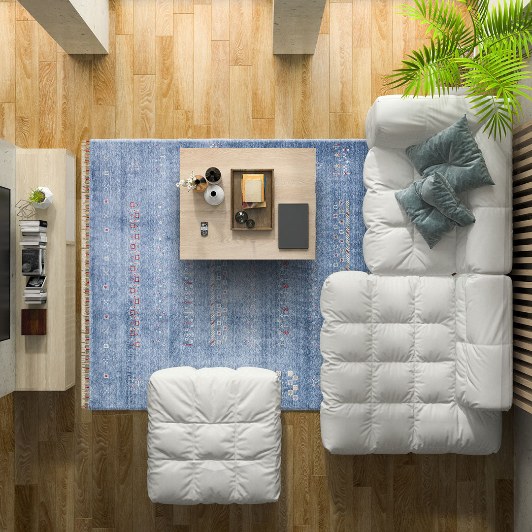 Avenso Mavi Beyaz Modern Geometrik Lyocell Halı – mekânda kullanım