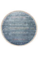 Avenso Blue Cream Ethnic Geometric Round Machine-Made Rug