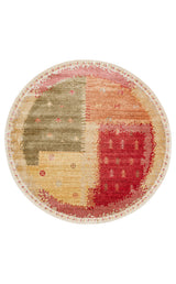 Avenso Beige Red Geometric Pattern Round Machine-Made Rug