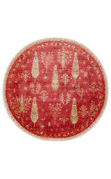 Avenso Red Beige Floral Classic Round Machine-Made Rug