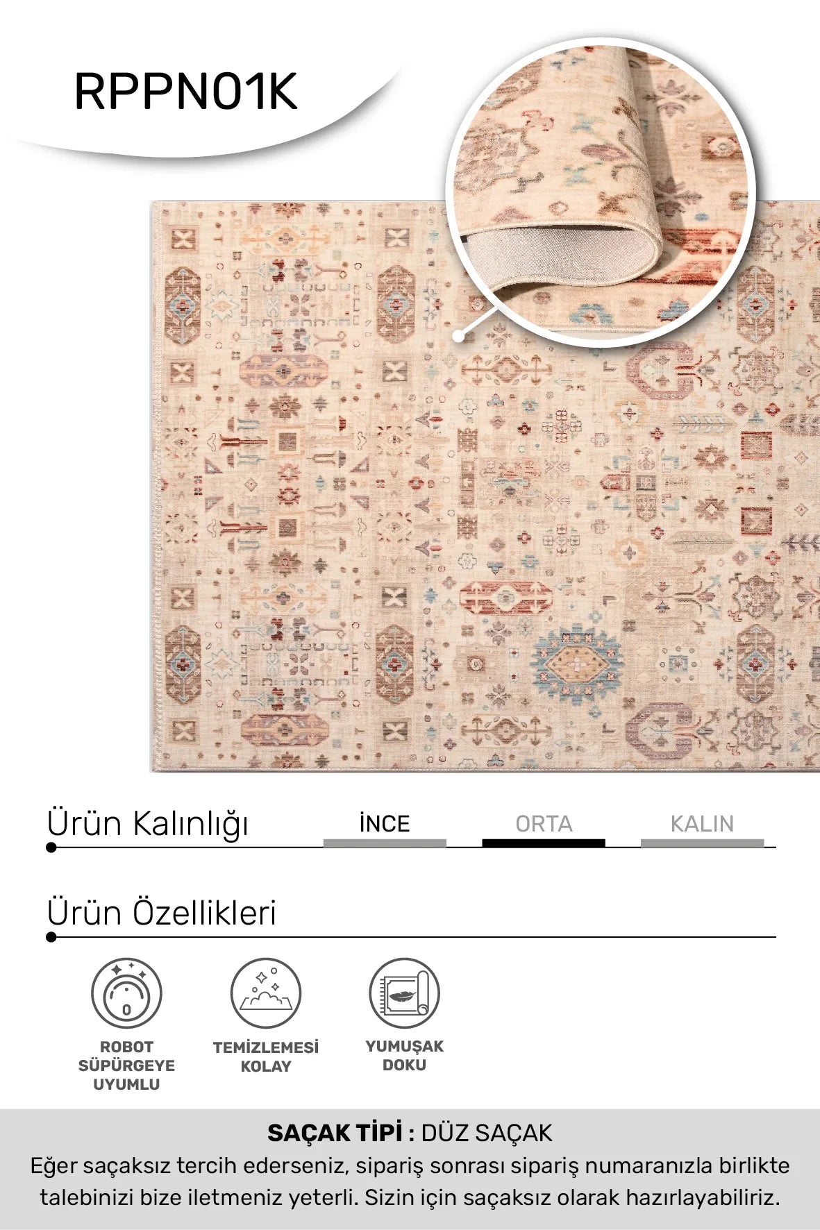 Verli Bej Turuncu Geometrik Desenli Modern Salon Halısı – kenar detayı