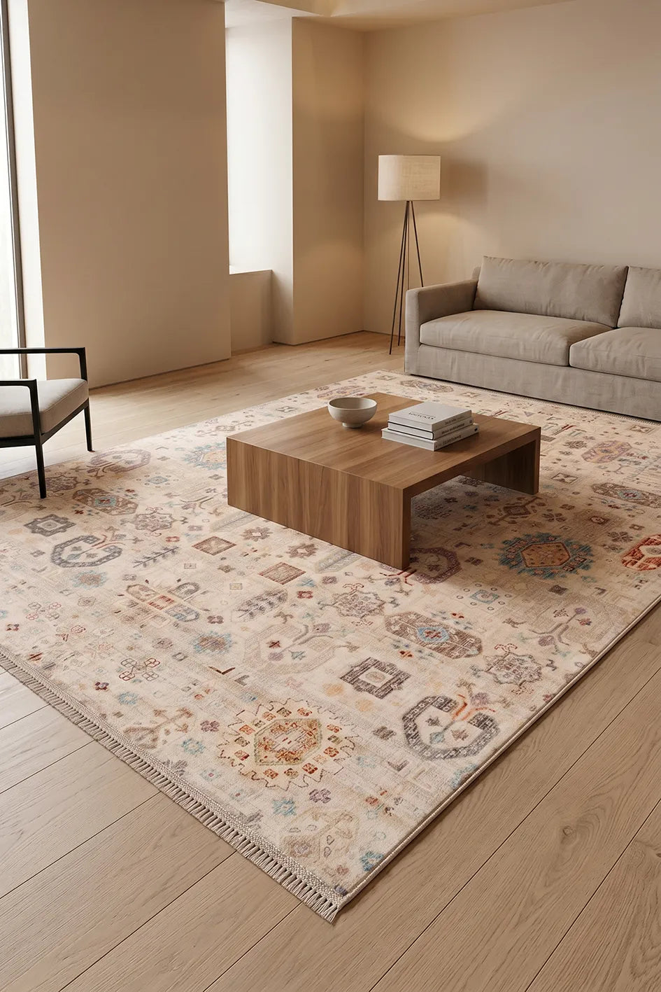 Verli Bej Turuncu Geometrik Desenli Modern Salon Halısı