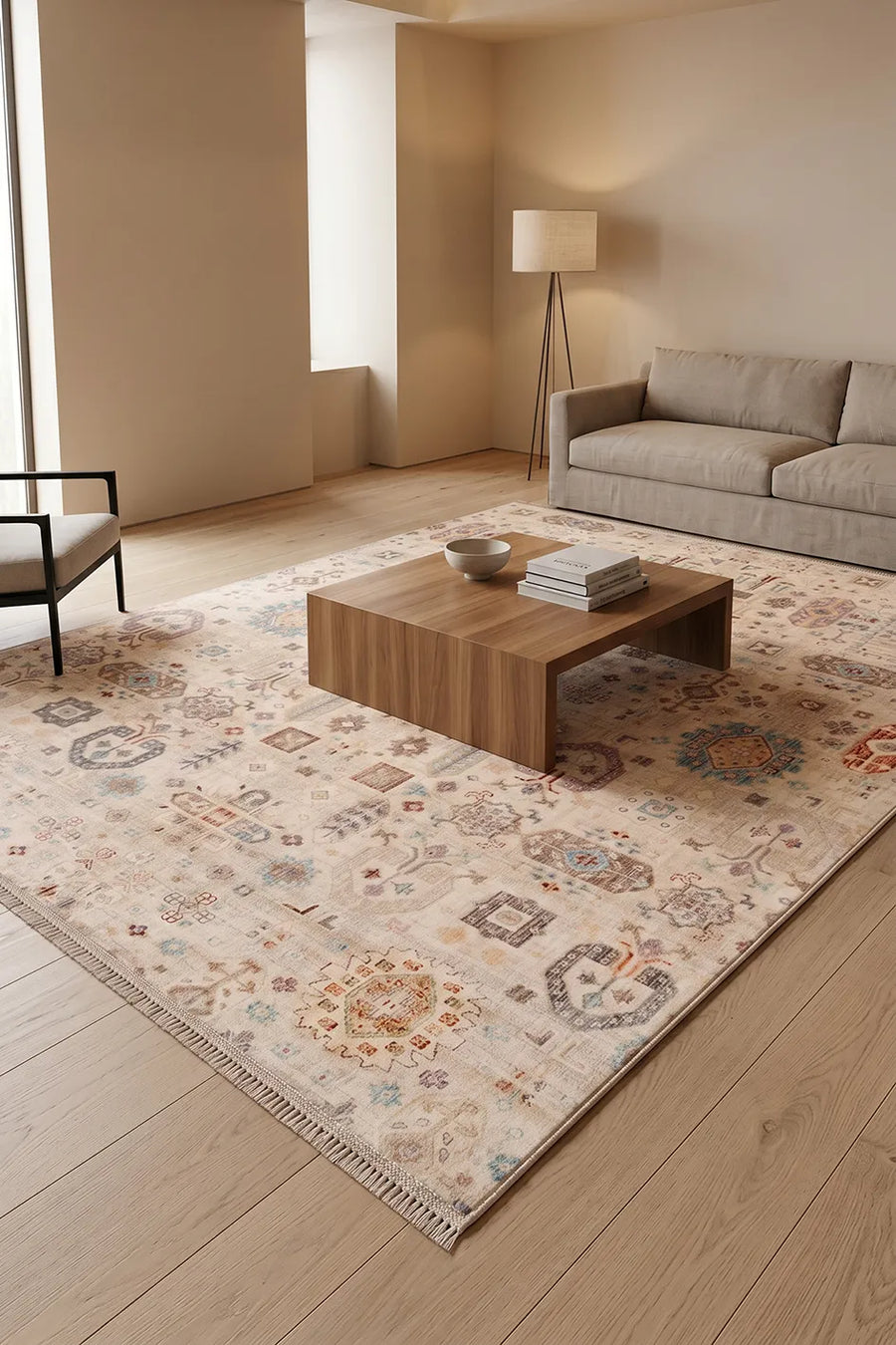 Verli Bej Turuncu Geometrik Desenli Modern Salon Halısı