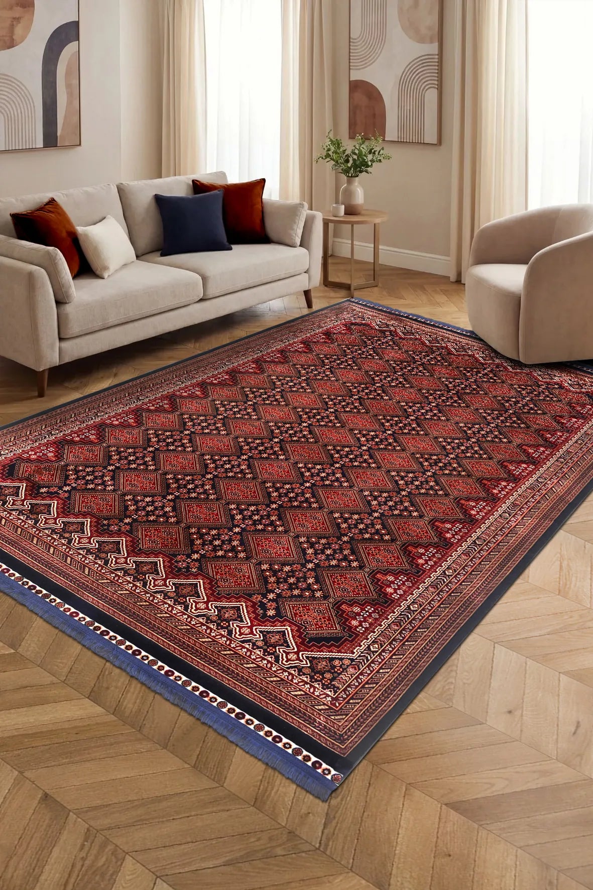 Ravos Kırmızı Lacivert Geometrik Desenli Halı