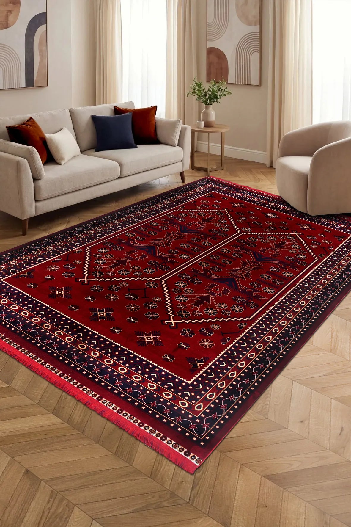 Ravos Kırmızı Lacivert Etnik Geometrik Halı