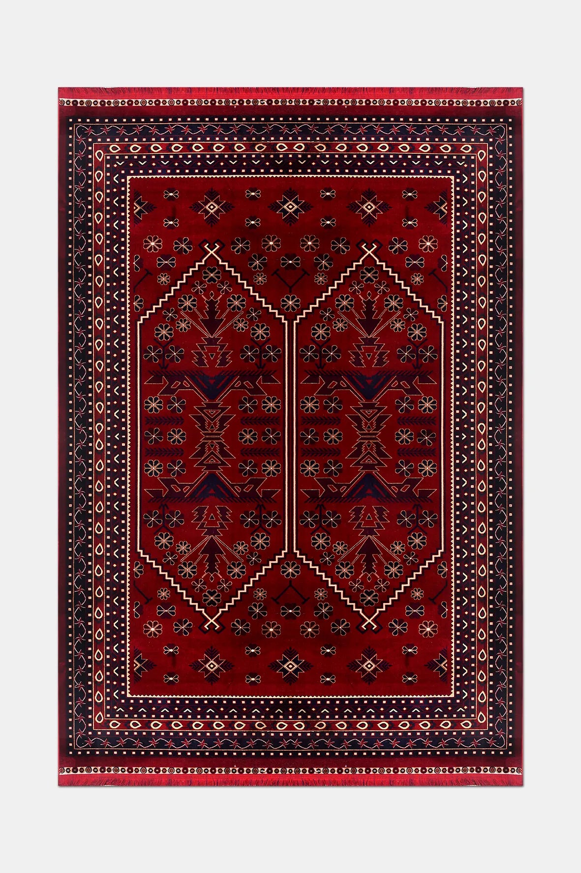 Ravos Kırmızı Lacivert Etnik Geometrik Halı – detay görünümü