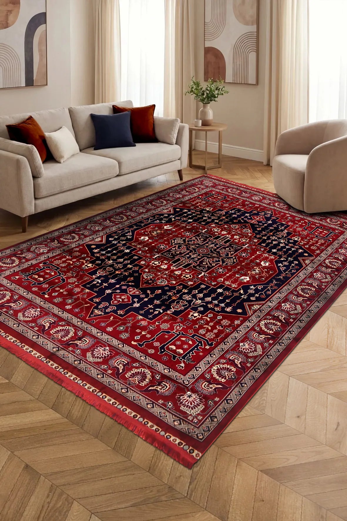 Ravos Kırmızı Lacivert Madalyon Desenli Klasik Salon Halısı
