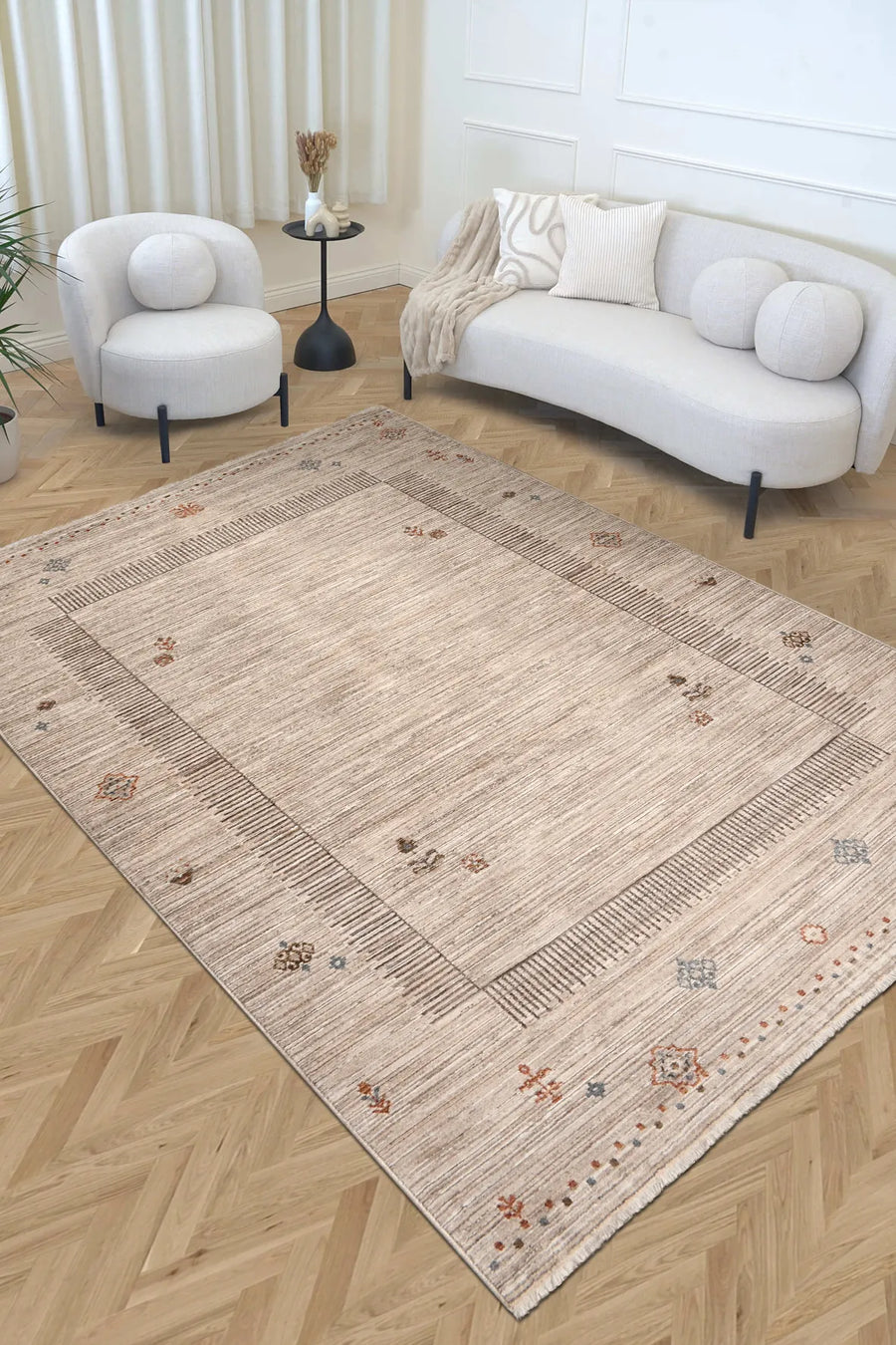 Gliven Bej Kahverengi Geometrik Desenli Modern Halı