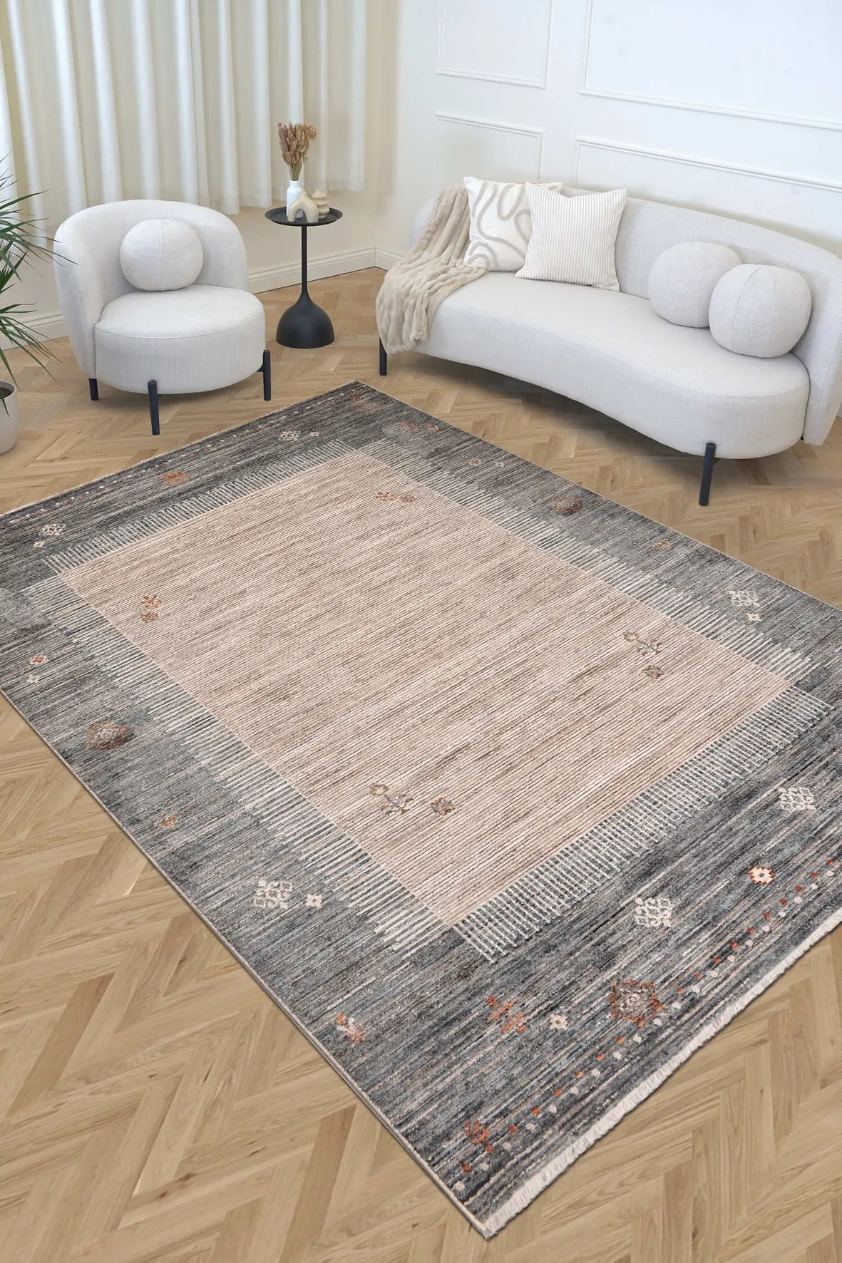Gliven Gri Bej Geometrik Desenli Modern Salon Halısı