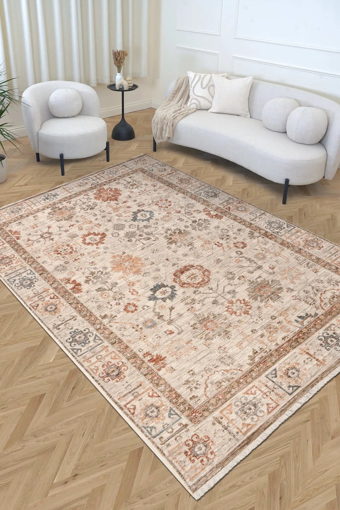 Gliven Bej Turuncu Çiçekli Modern Makine Halısı
