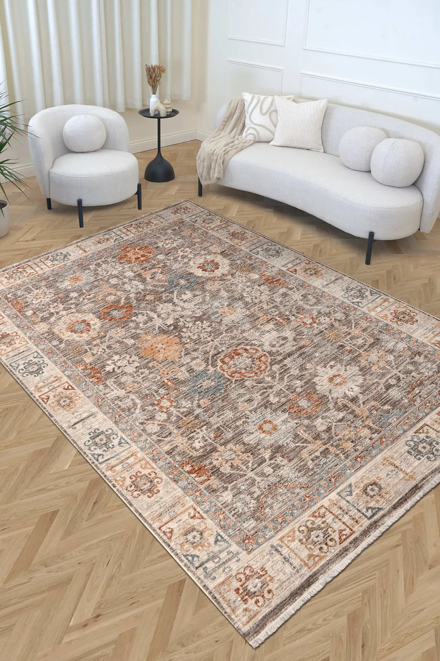 Gliven Gri Turuncu Çiçek Desenli Modern Salon Halısı