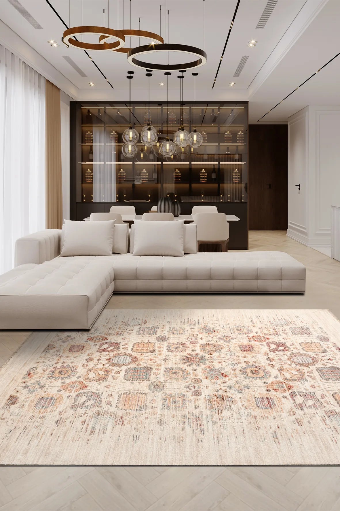 Oreni Krem Bej Geometrik Desenli Modern Salon Halısı