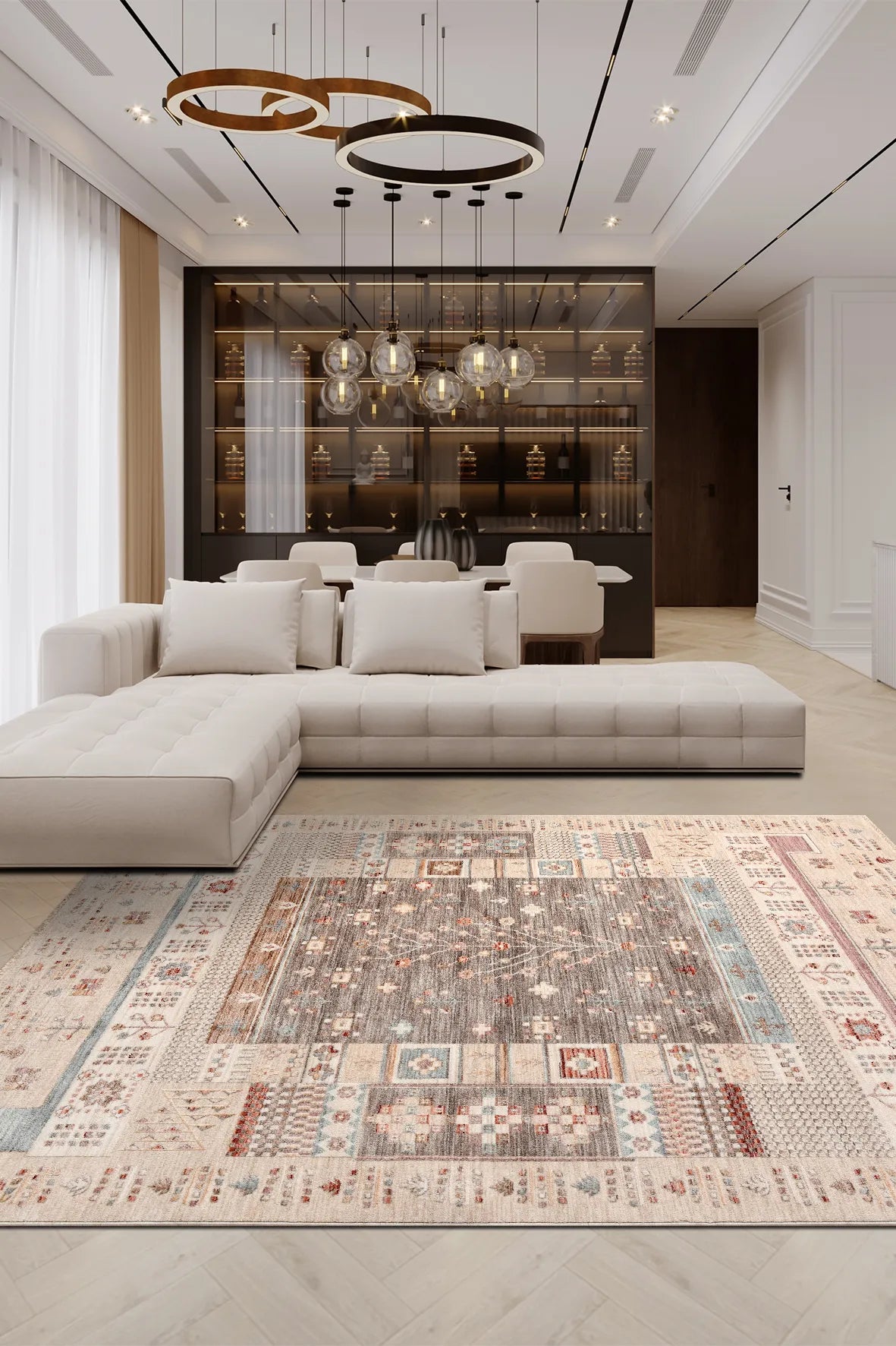 Oreni Bej Gri Geometrik Desenli Modern Makine Halısı – doku yakın çekim