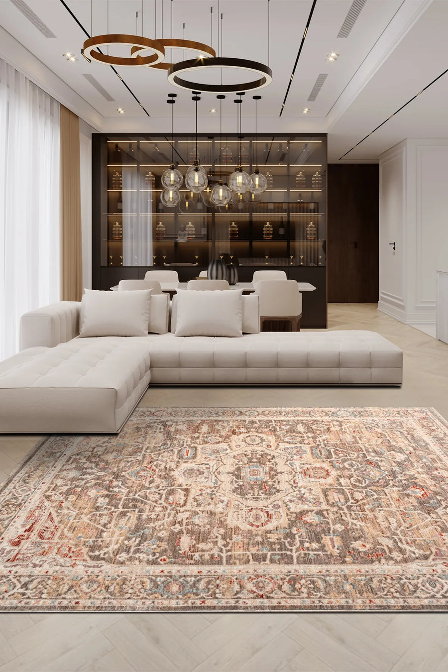 Oreni Gri Bej Madalyon Desenli Klasik Salon Halısı