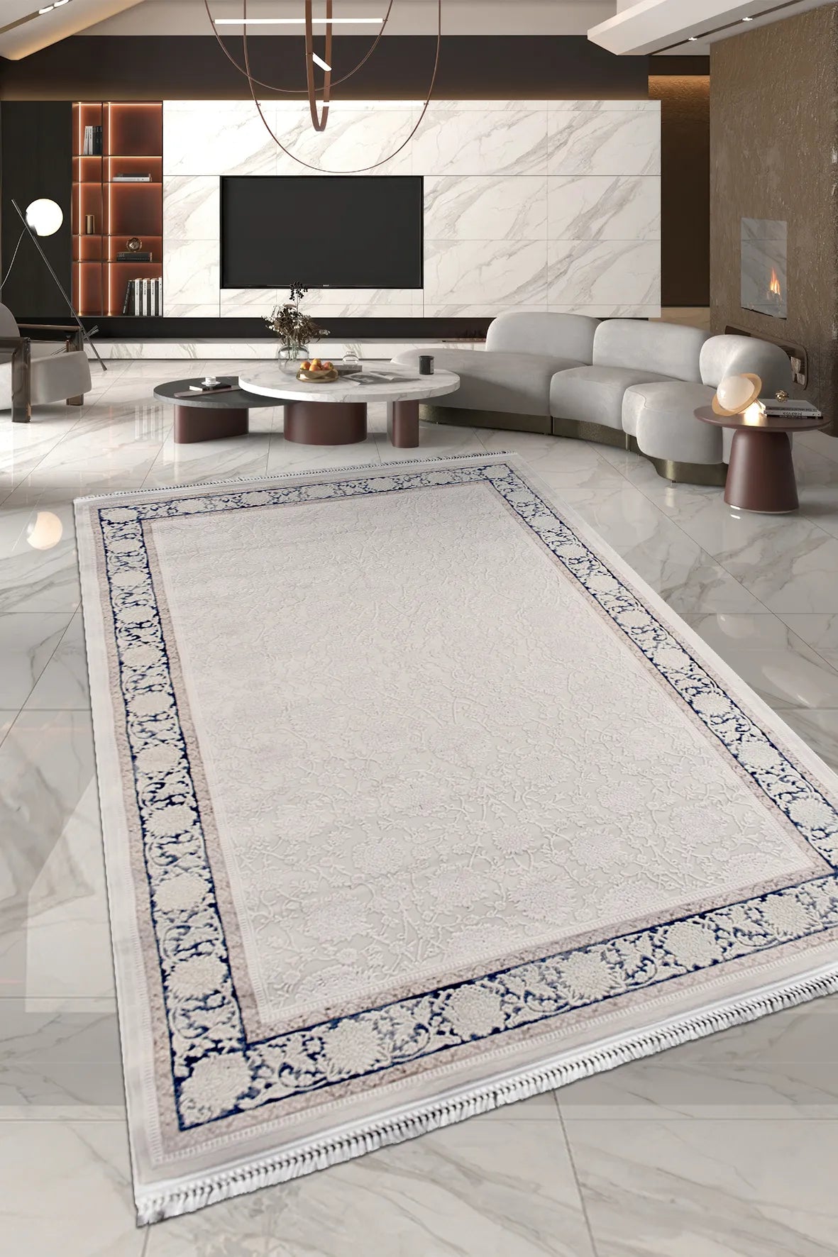 Trevik Beyaz Lacivert Bordürlü Klasik Salon Halısı