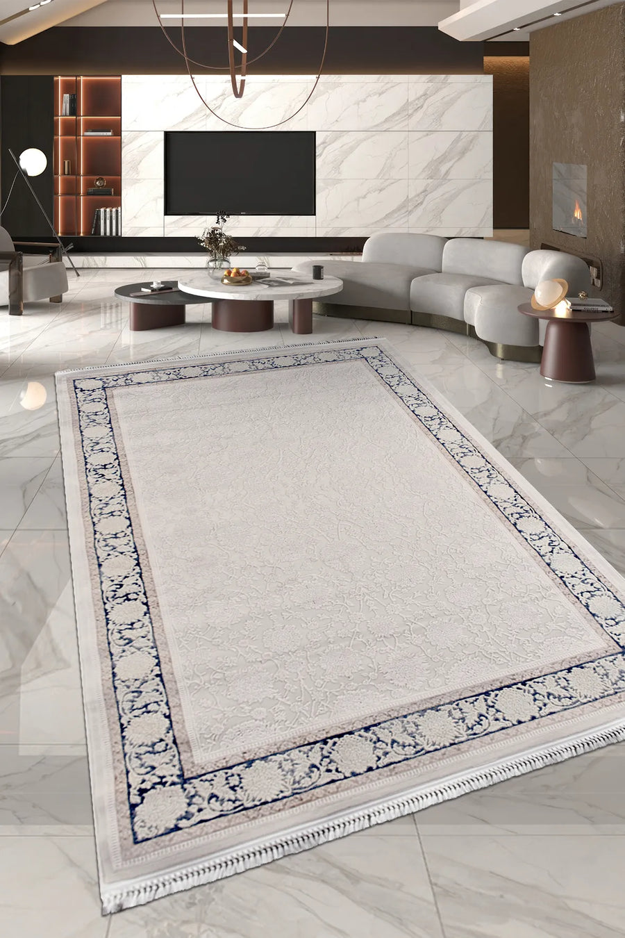 Trevik White Navy Bordered Classic Living Room Rug