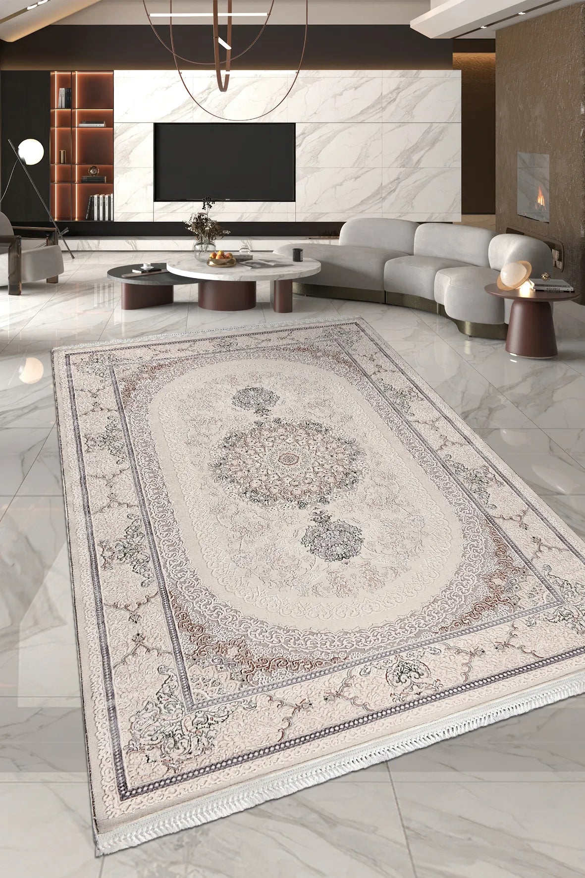 Trevik Krem Gri Madalyon Desenli Klasik Halı