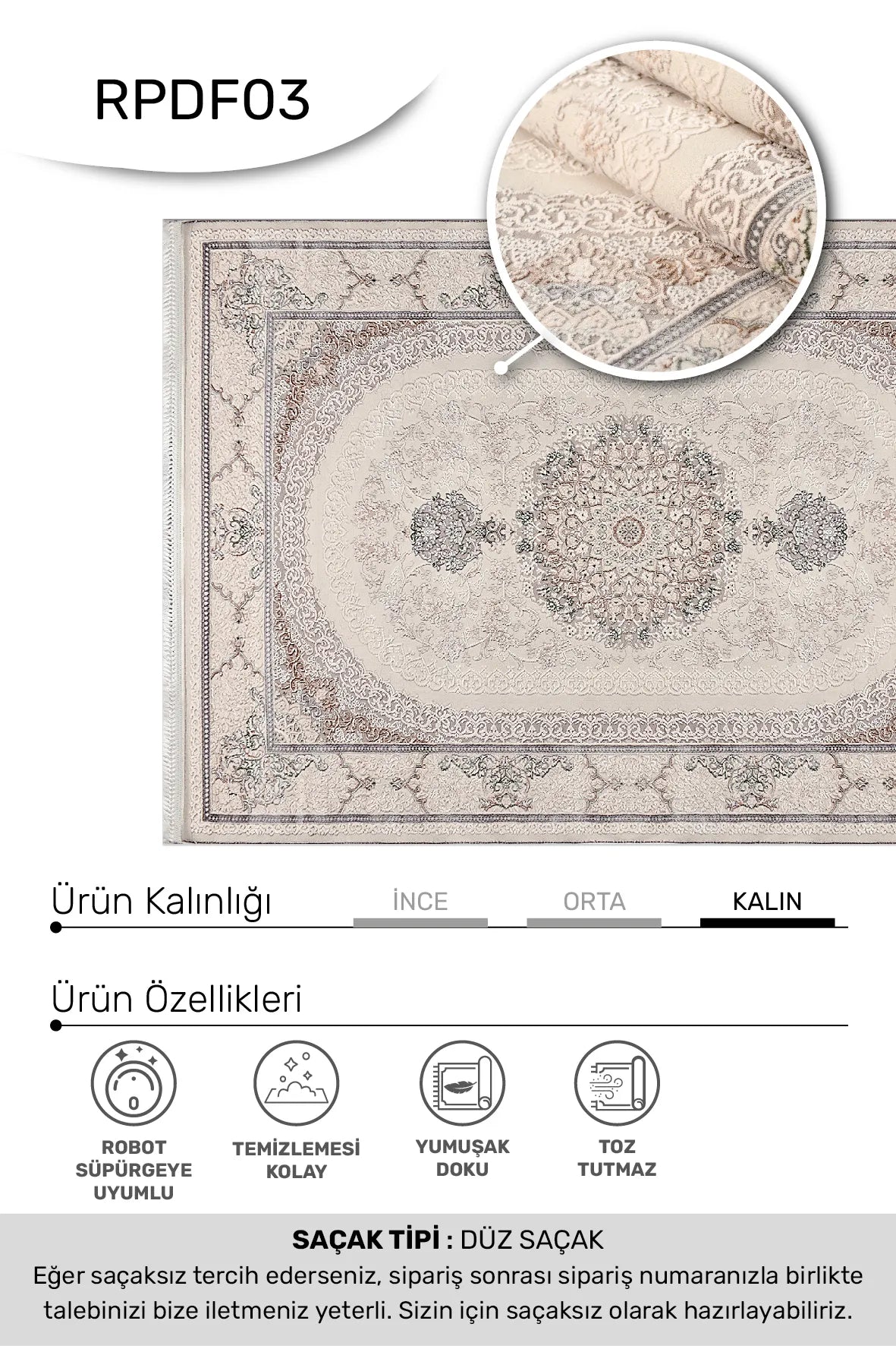 Trevik Krem Gri Madalyon Desenli Klasik Halı – arka yüz görünümü