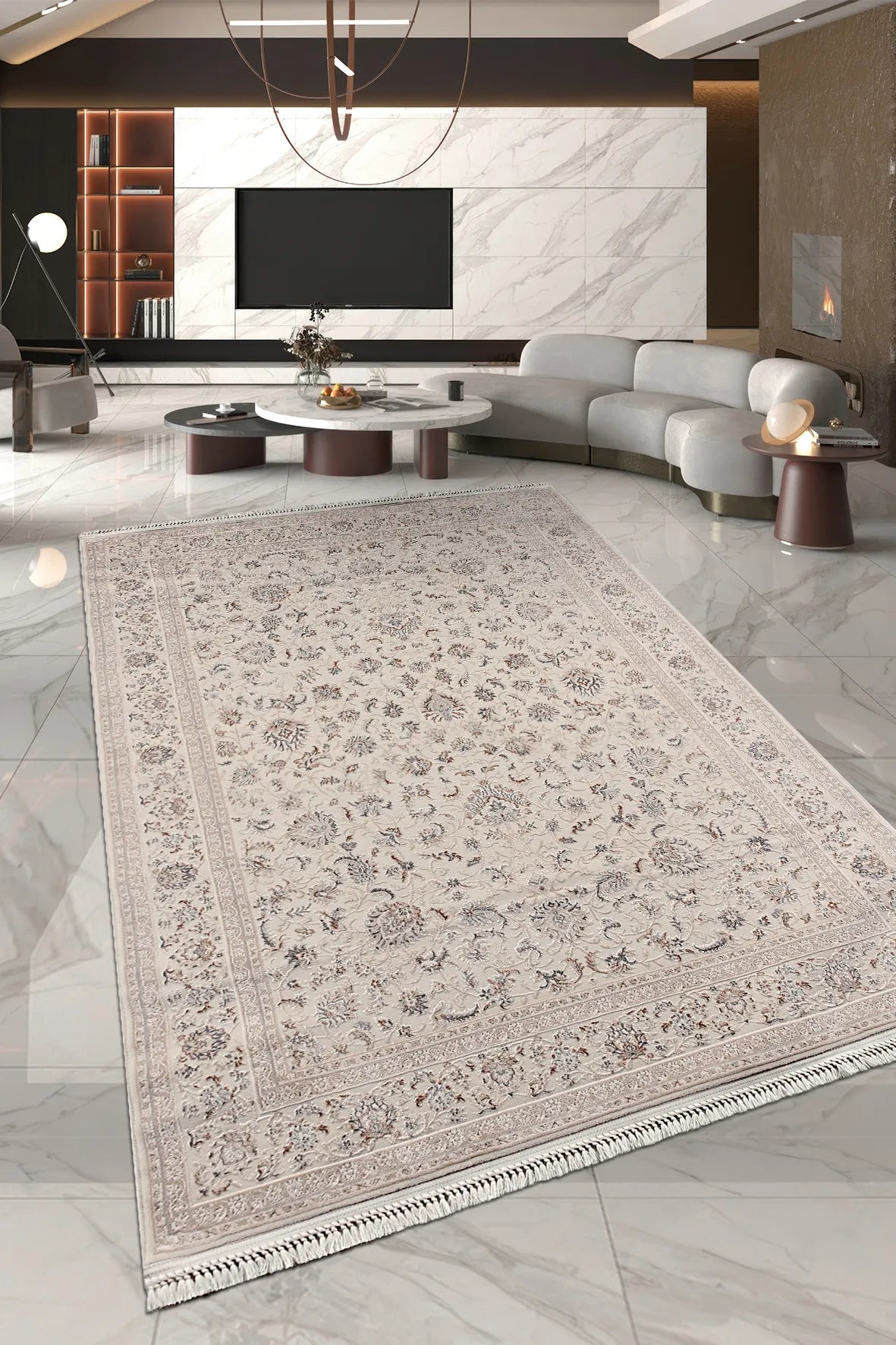 Trevik Bej Gri Çiçek Desenli Klasik Salon Halısı