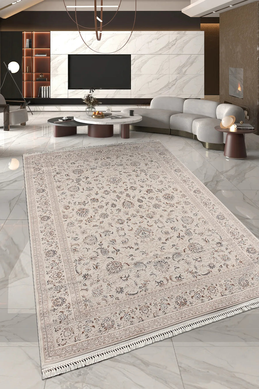 Trevik Bej Gri Çiçek Desenli Klasik Salon Halısı