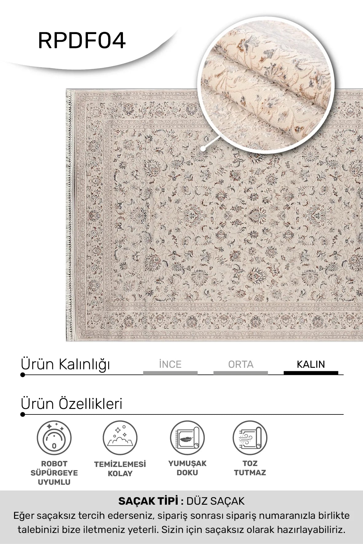 Trevik Bej Gri Çiçek Desenli Klasik Salon Halısı – arka yüz görünümü