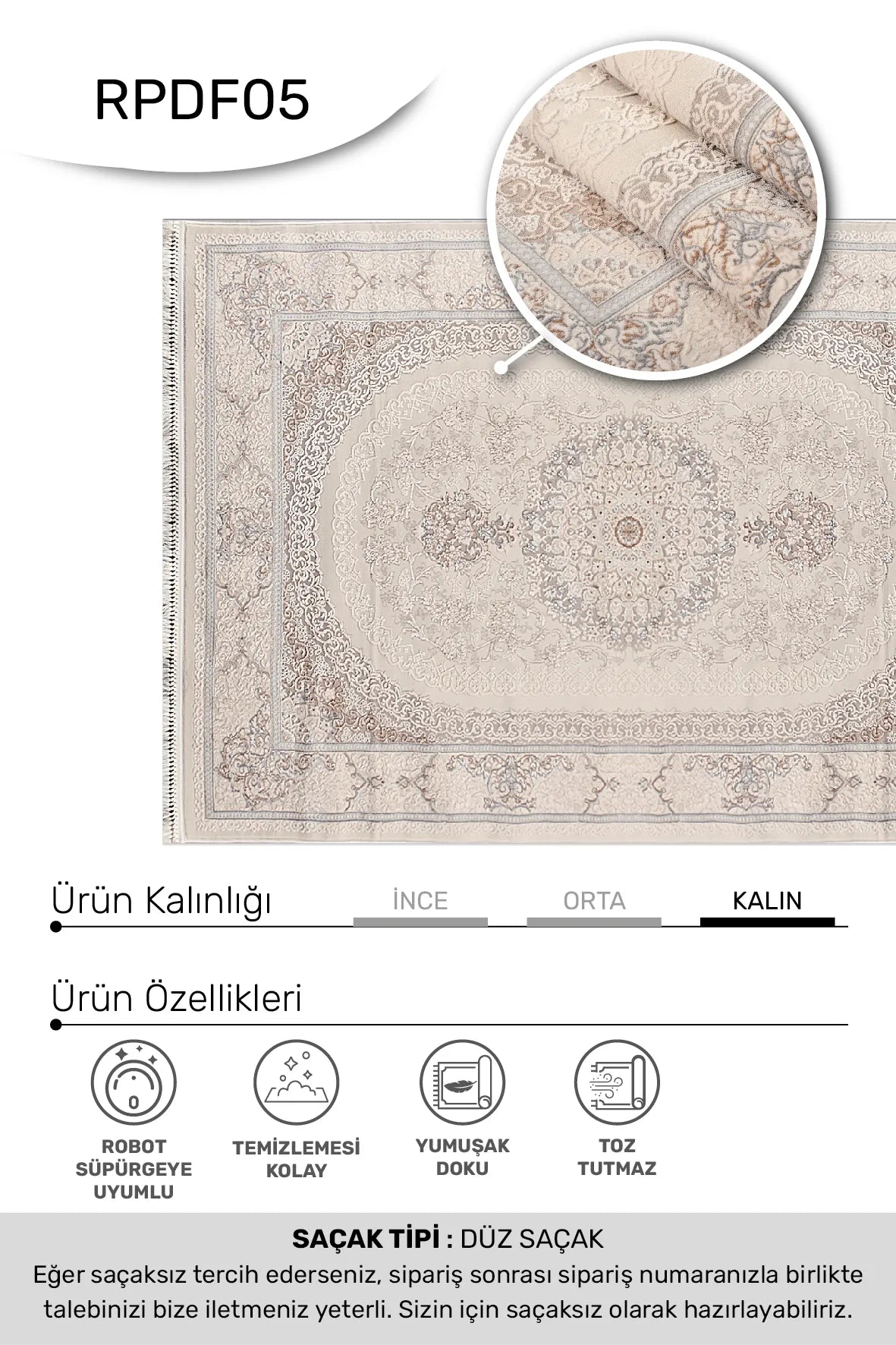 Trevik Açık Gri Bej Kabartmalı Madalyon Klasik Halı – arka yüz görünümü