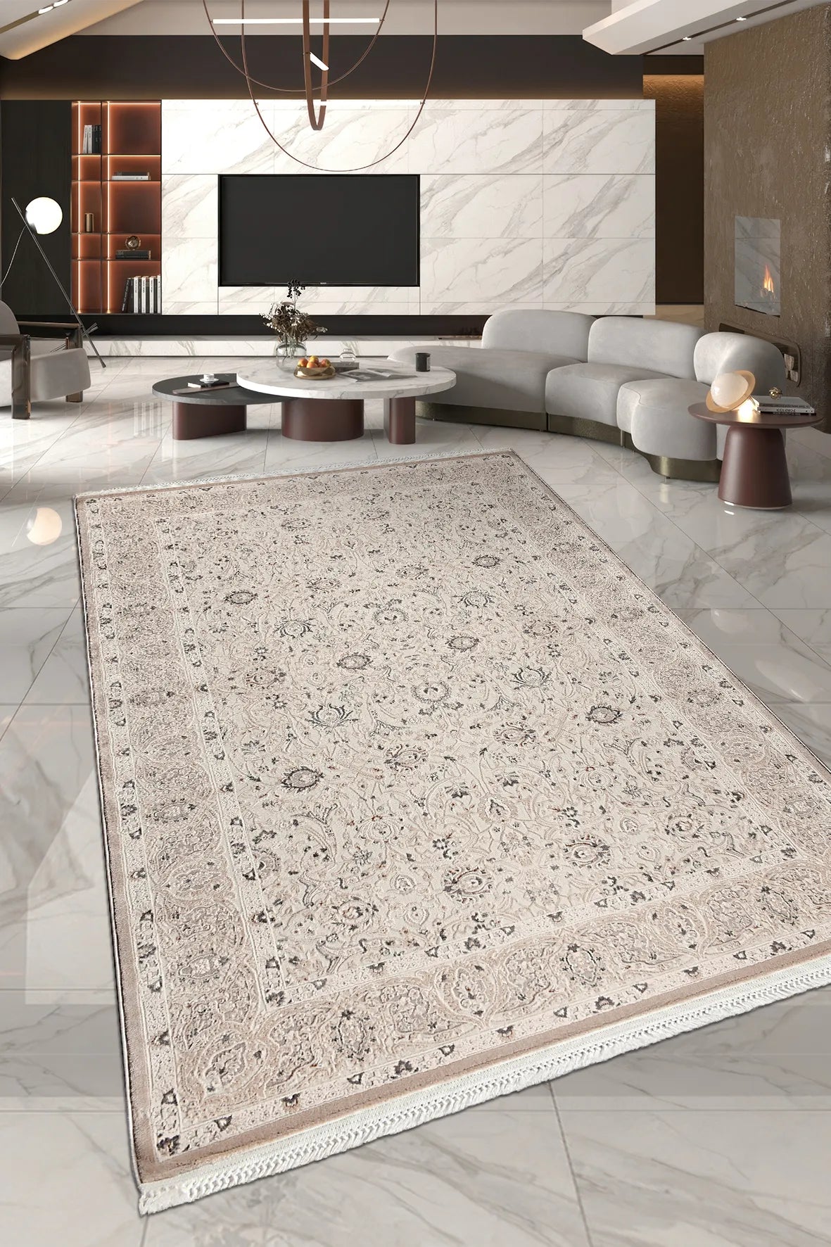 Trevik Bej Gri Madalyon Desenli Klasik Salon Halısı