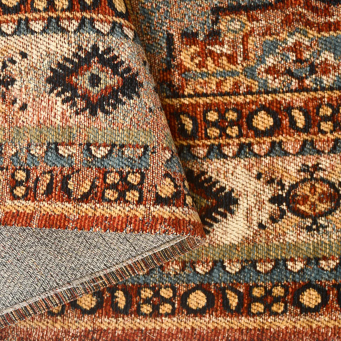 Torgin Turuncu Lacivert Etnik Geometrik Kilim – doku yakın çekim