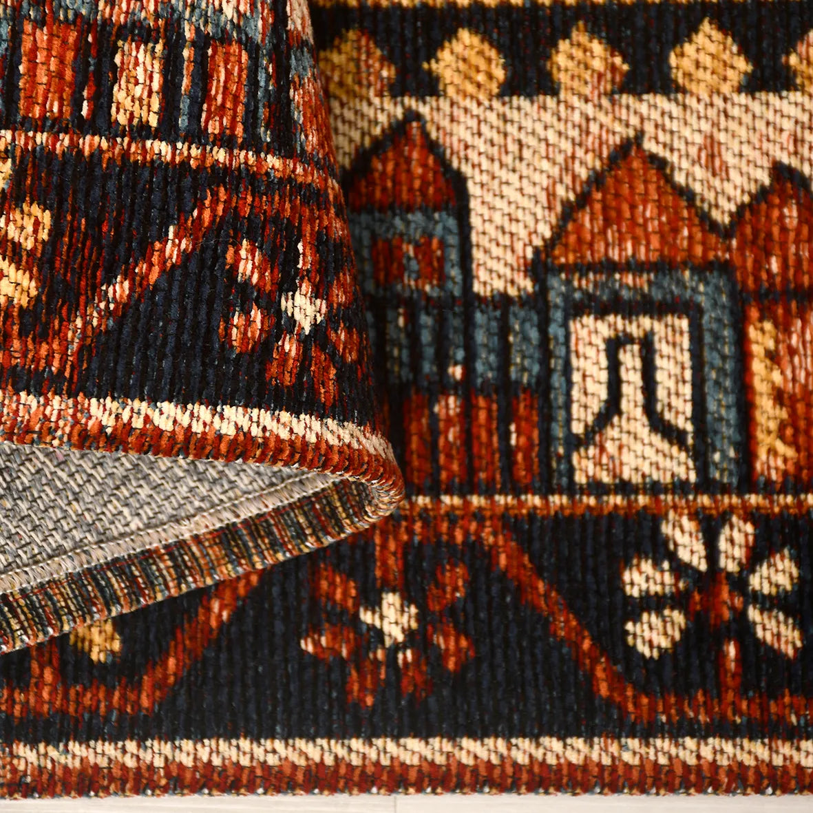 Torgin Etnik Stil Turuncu Lacivert Geometrik Kilim – doku yakın çekim