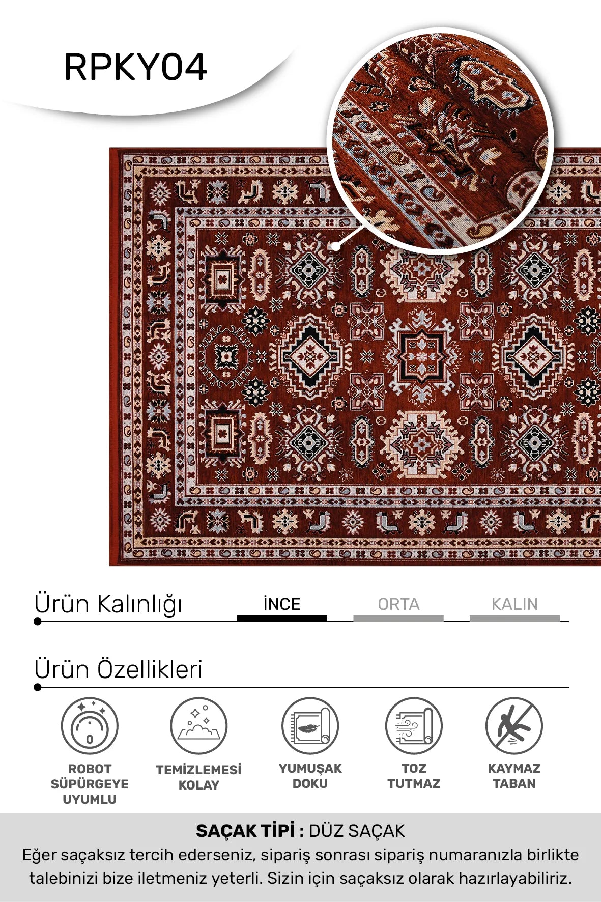 Siven Kırmızı Beyaz Geometrik Desenli Klasik Halısı – arka yüz görünümü