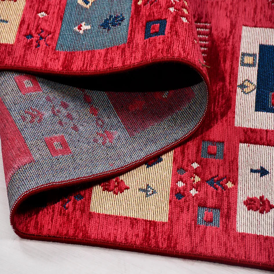 Ardun Kırmızı Lacivert Etnik Geometrik Kilim – doku yakın çekim