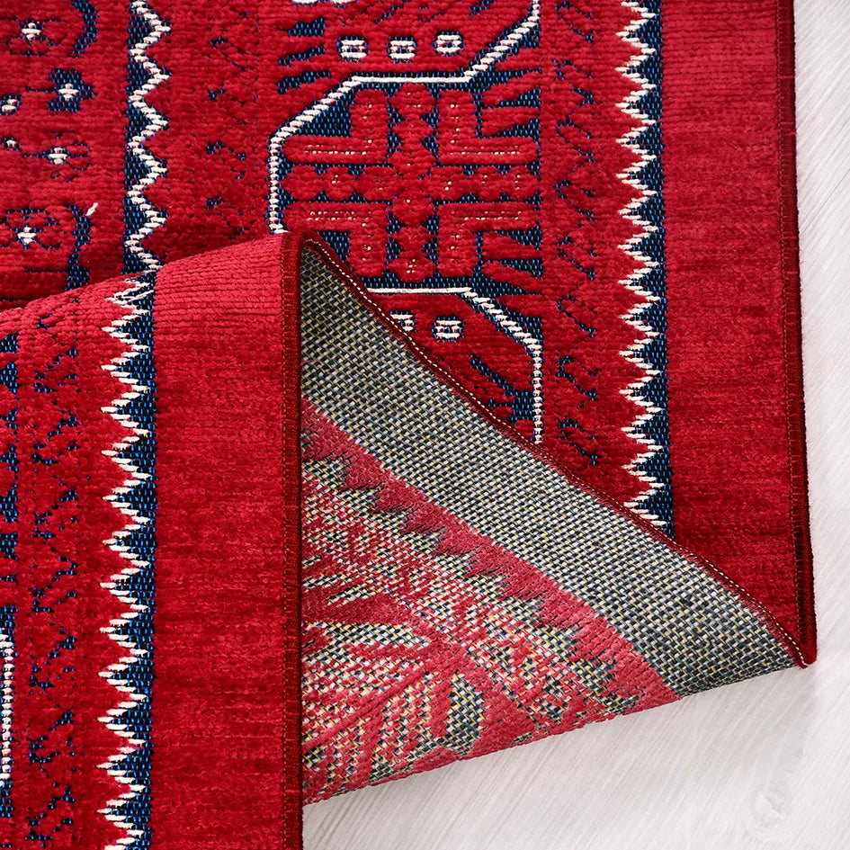 Ardun Kırmızı Lacivert Geometrik Desenli Etnik Kilim – genel görünüm