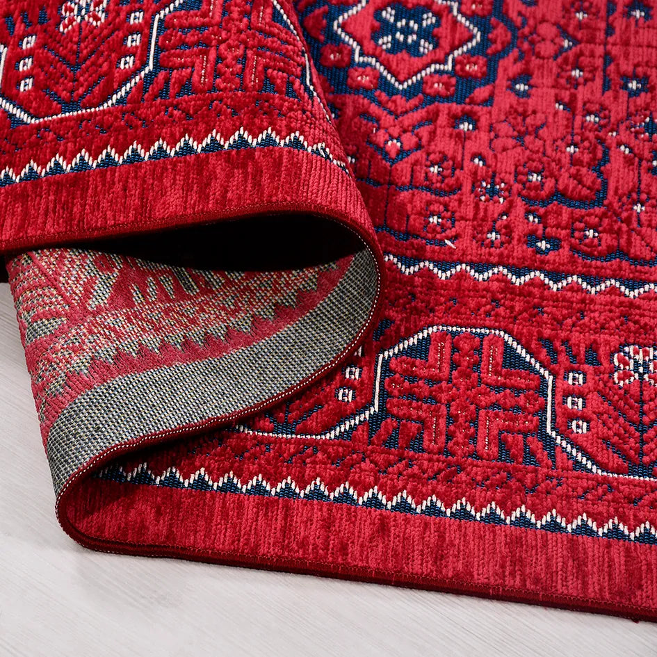Ardun Kırmızı Lacivert Geometrik Desenli Etnik Kilim – doku yakın çekim