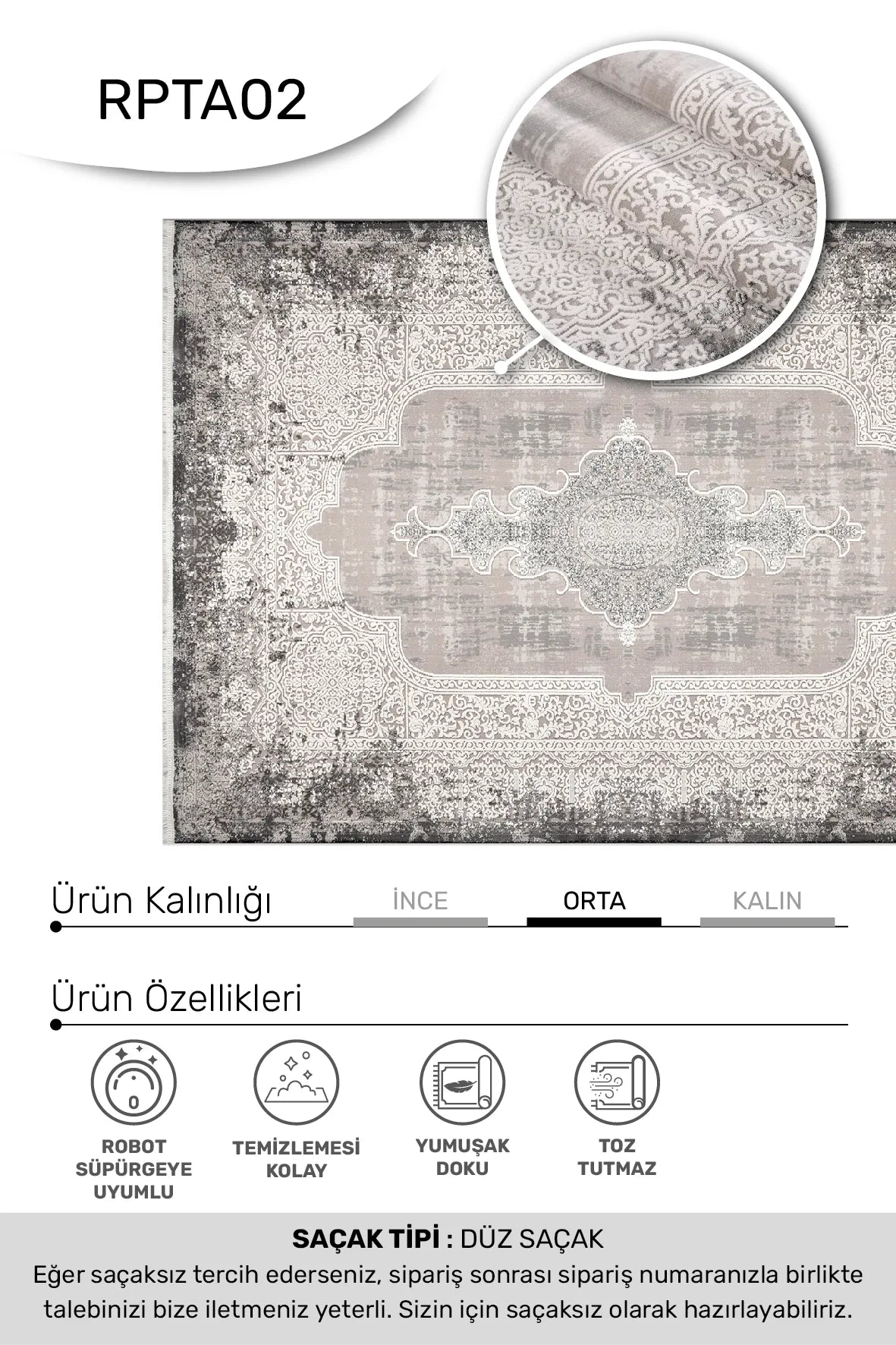 Tinva Modern Gri Beyaz Madalyon Desenli Halı – arka yüz görünümü