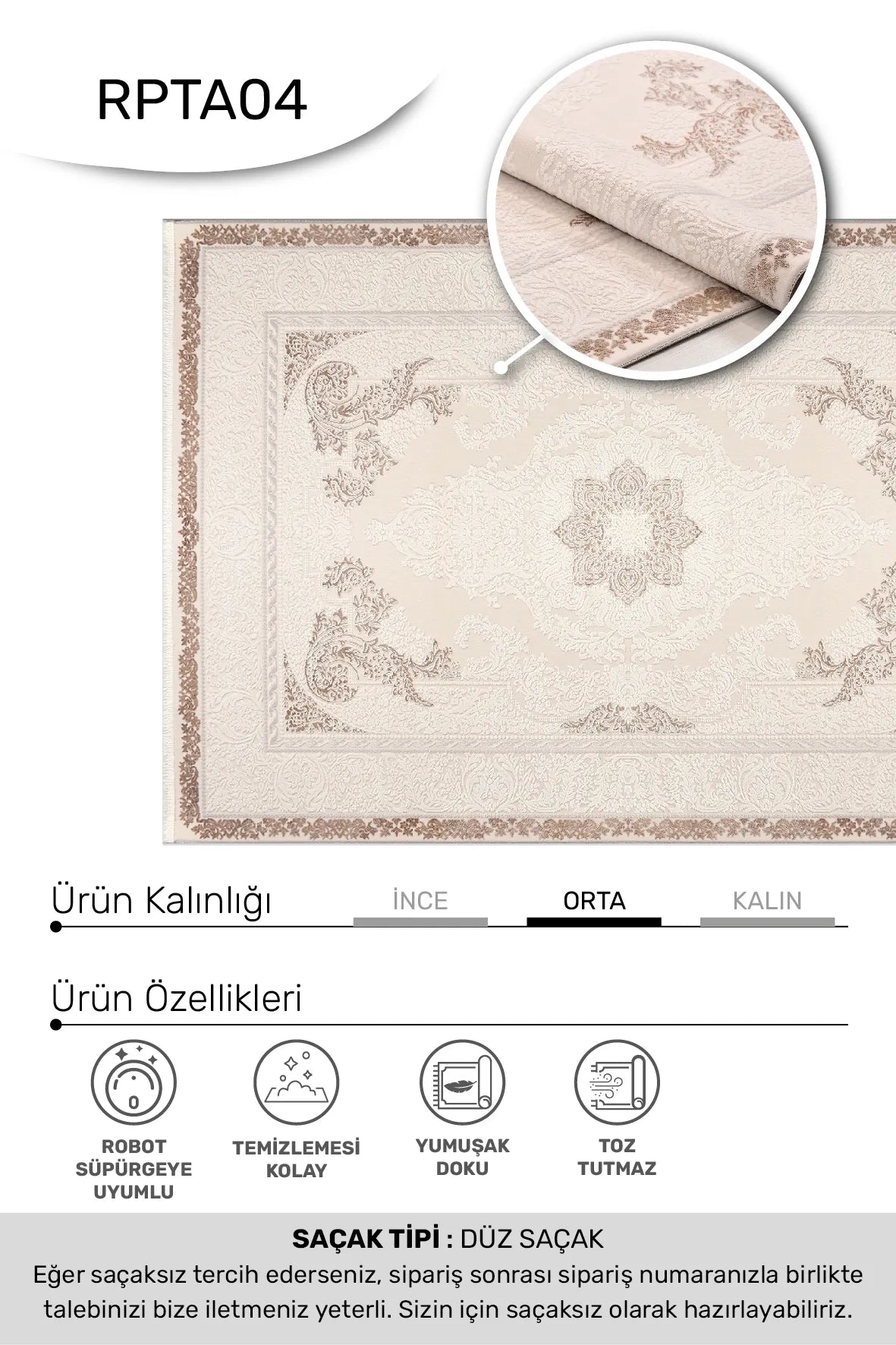 Tinva Krem Bej Klasik Madalyon Desenli Salon Halısı – kenar detayı
