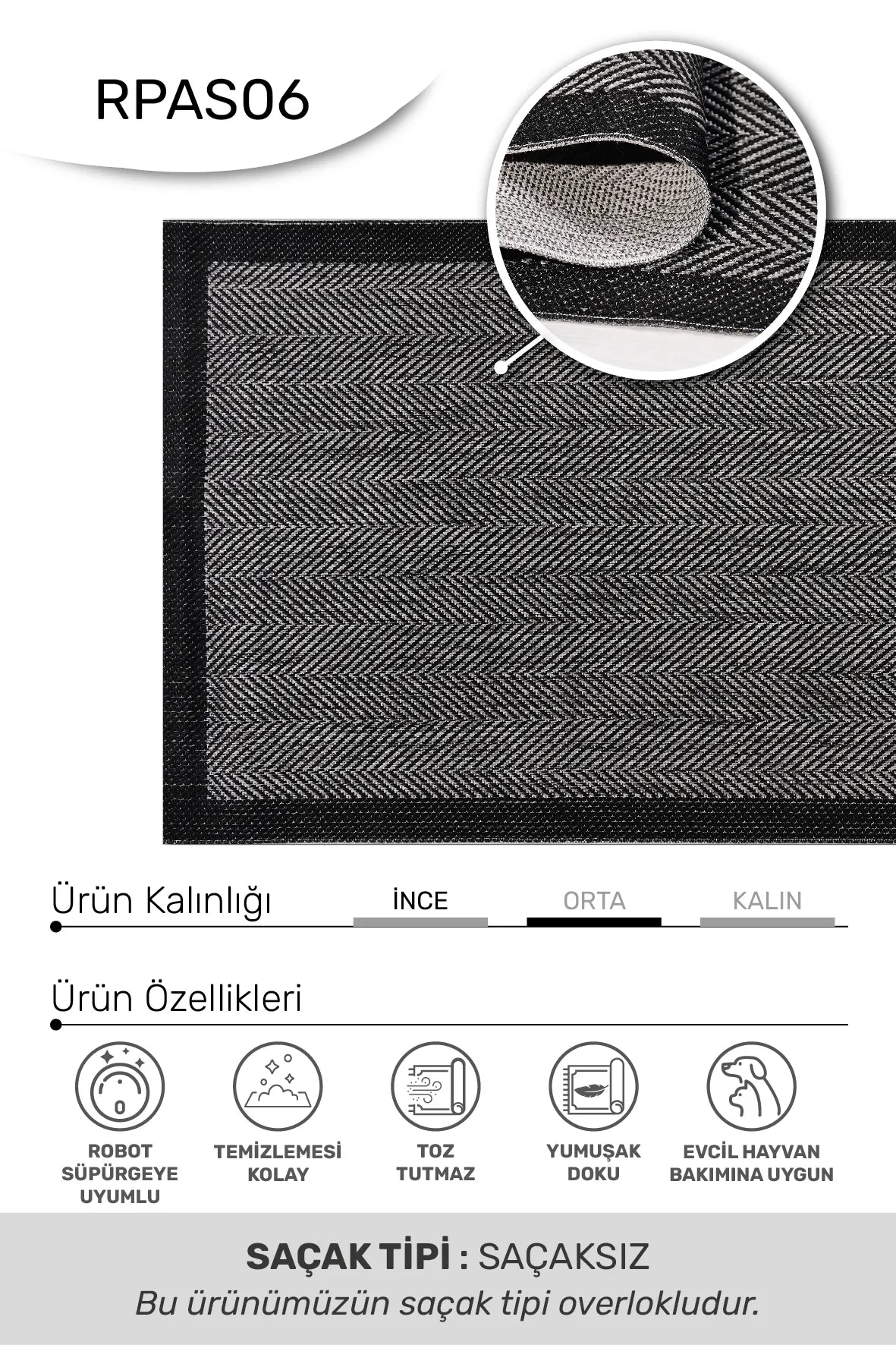Kaelo Siyah Gri Geometrik Modern Sisal Halı – detay görünümü